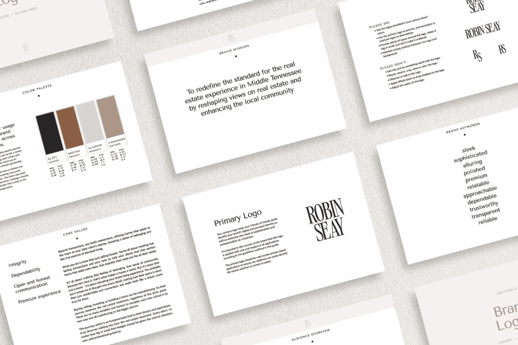 Multiple pages layed flat that show brand guidelines for realtor