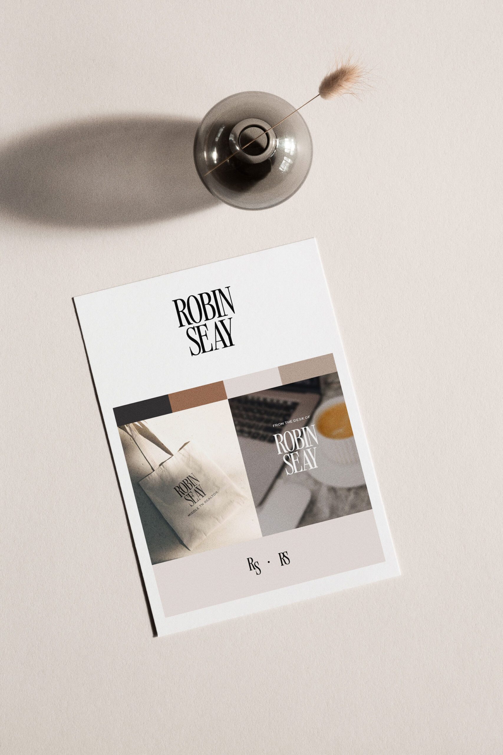 paper mockup of sophisticated brand identity with a vase